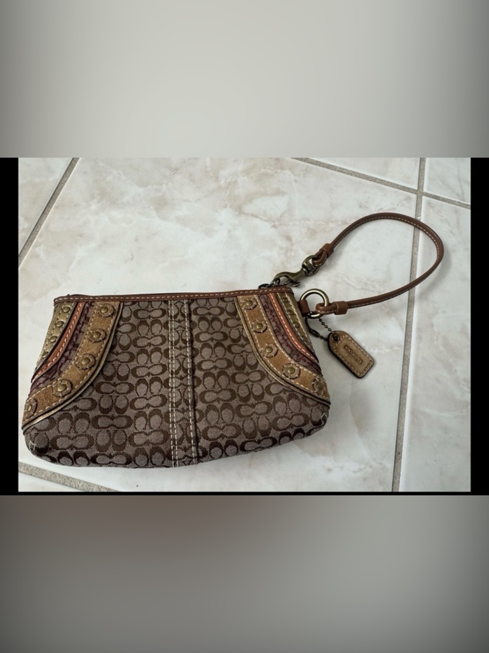 Vintage Coach Brown Signature Canvas Wristlet with Tan and Gold Accents